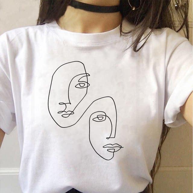 Minimalist Art Line Face European and American Pure Cotton Printed Unisexs and Womens Fashion Tshirt New Personalized Tshirt