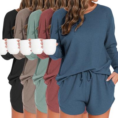 Spring and Autumn Women's Waffle Knit Pajamas Homewear Set of Long-Sleeved Shorts Leisure Suit Can Be Worn Outside Homewear