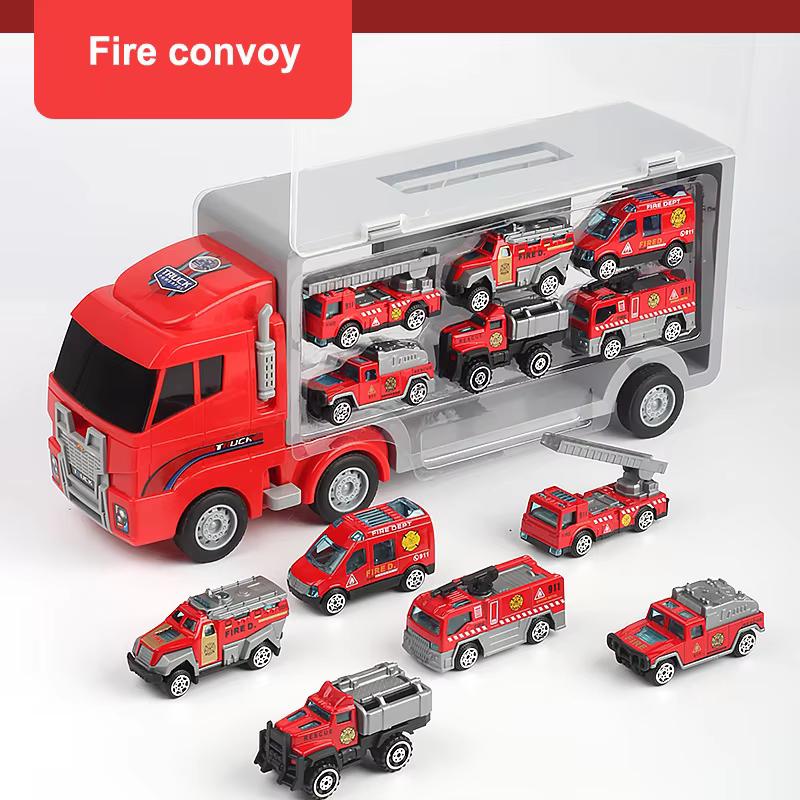 

New Storage Container Truck Model Simulation Engineering Fire Military Fleet Toy with Six Alloy Cars Children s Car Toy Gift