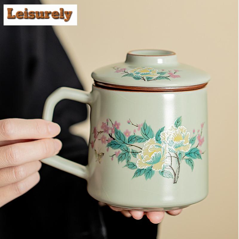 400ml Exquisite Pea Green Ru Kiln Porcelain Work Office Mug Hibiscus Mutabilis Filter Tea Separator Cup Personal Cups Gift Box