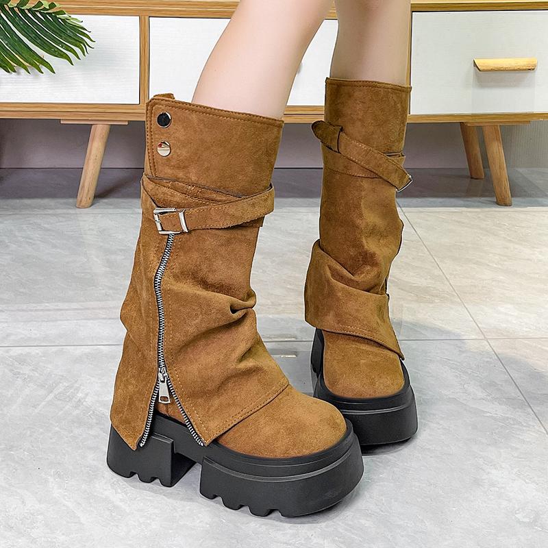 Fashion Women Fashion Boots European Microfiber Suede Leather Round Toe Maillard Western Cowboy Thick Soled Boots Motorcycle Short Boots