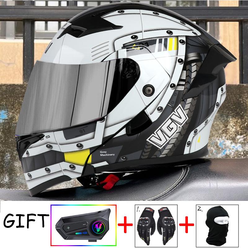 VGV Double Lens flip up helmet Openable motorcycle helmet come with wireless headset gloves headgear Value Promotional Packages