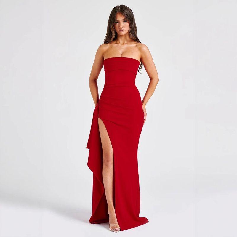 

New Tube Top Dress European and American Summer Sexy Side Slit Irregular Hip Skirt Red XS