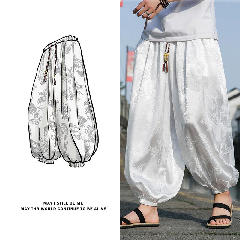 Outdoor Brand Pants for Men Lce Silk Dragon Dark Flower Loose Bloomers High Quality Wide Leg Casual Trousers Male