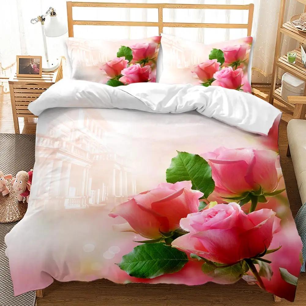 Rose Duvet Cover Set Pink Rose Pattern Bedding Set Blossom Flower Theme Comforter Set Girls Women Elegant Polyester Bedding Set