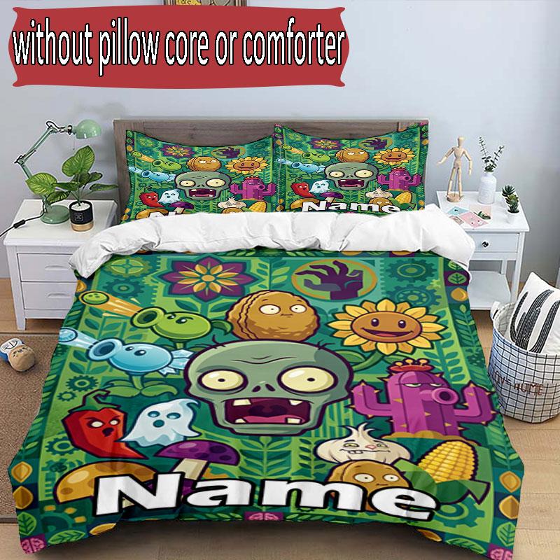 3pcs Duvet Cover Set (1*Duvet Cover + 2*Pillowcase, Without Core), Custom Name Plants VS Zombies Pattern Bedding Set, Home Bedroom Decor Gift
