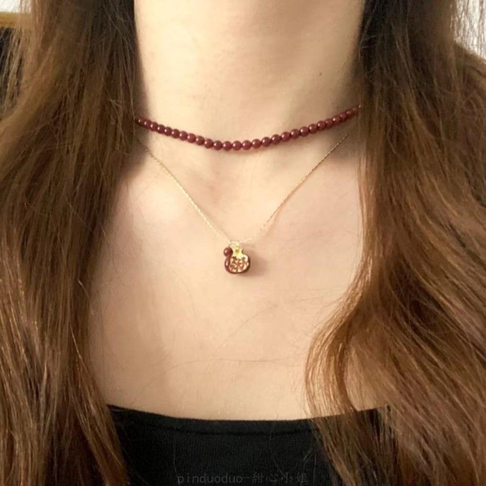 Retro Trendy Red Fruit Pomegranate Pendant Stackable Necklace Earrings Set for Women New Year Lucky Chinese Style Jewelry Sets