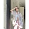 Women's Fashion Short Sleeve Shirt Striped Contrast Color Tops Butterfly Embroidery Detail Lady Lightweight Casual & Workwear Blous