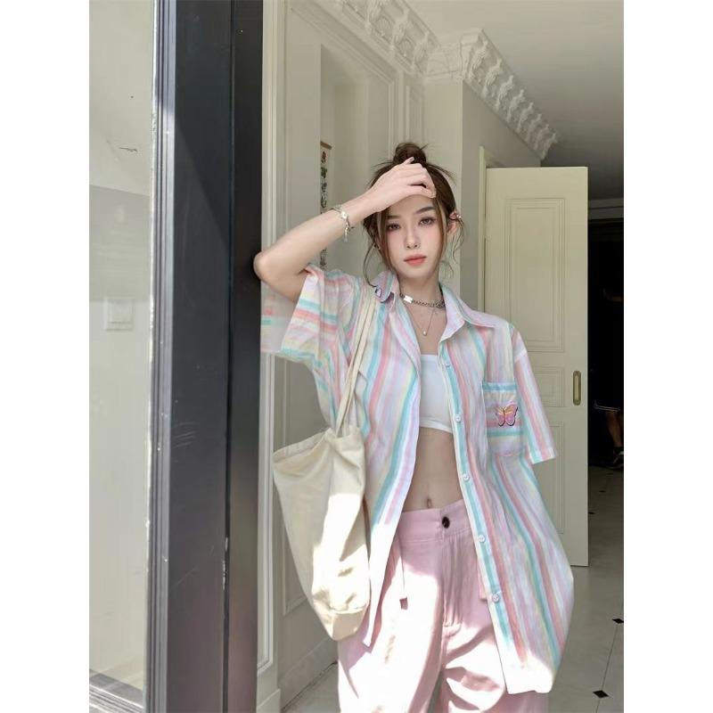 Women's Fashion Short Sleeve Shirt Striped Contrast Color Tops Butterfly Embroidery Detail Lady Lightweight Casual & Workwear Blous
