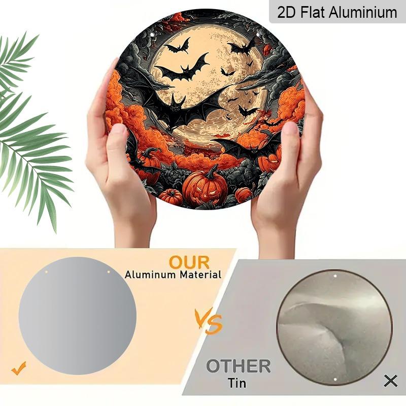 2D Flat 1pc/2pcs, Decorative Plaques and Ornaments Sign, Round Aluminum Halloween Wall Plaque, Retro Engraving Full Moon Bats Pumpkin Decor