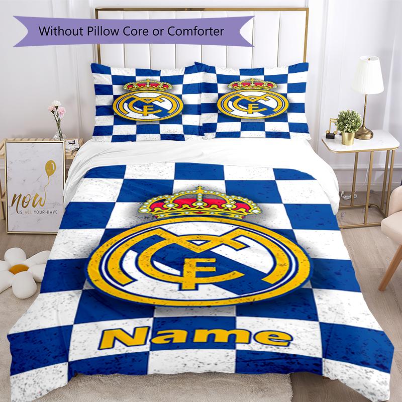 3pcs Custom Name Real Madrid Bedding Set Duvet Cover Closure Includes 1 Duvet Cover & 2 Pillowcases, Soft and Comfortable for All Seasons.