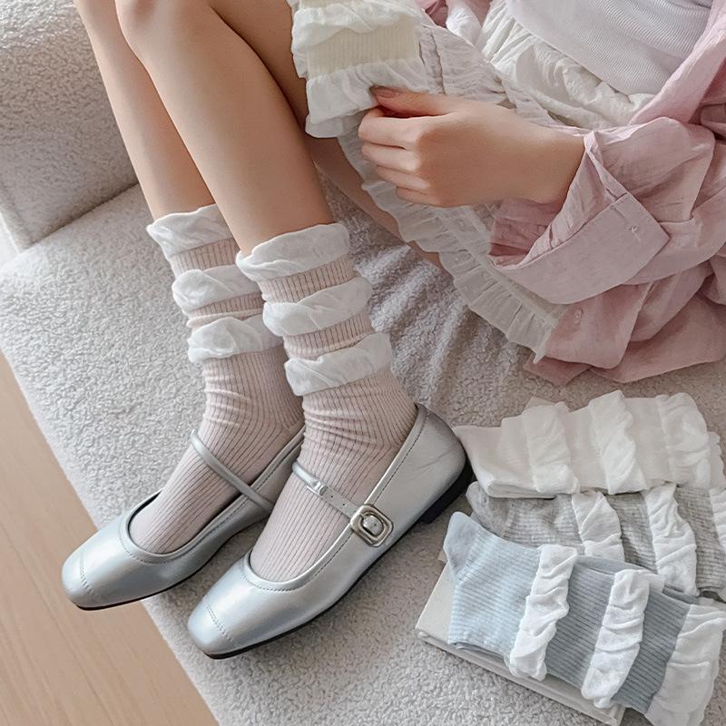 Girls Kawaii Ballet Socks Cream Color Bubble Ruffle Cuff Lace Trim Korean Sweet Style Stacked Sock Spring Fall Soft Cotton Sock