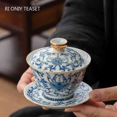 Chinese Handmade Flowers Ceramic Gaiwan White Porcelain Tea Tureen Portable Tea Bowl Master Teacup Household Tea Set 110ml