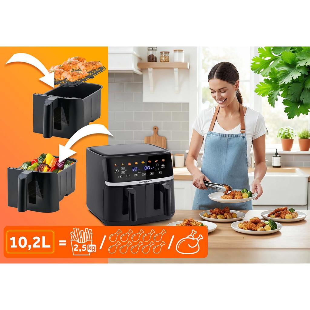 Friggitrice ad aria grande 10,2L Friggitrice ad aria XL Doppia camera Berdsen 1700W Bd-657 Nero