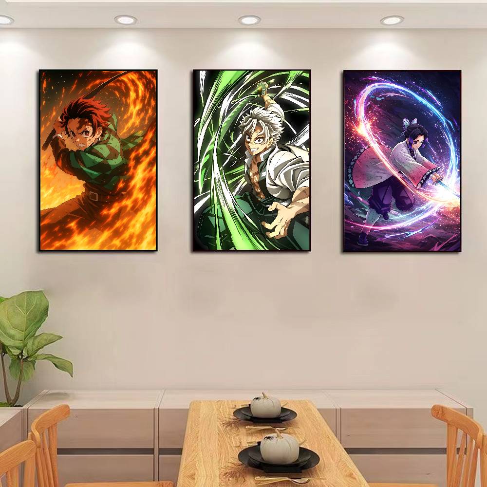 Japanese Anime Demon Slayer Self-adhesive Art Poster Retro Kraft Paper Sticker DIY Room Bar Cafe Stickers Wall Painting