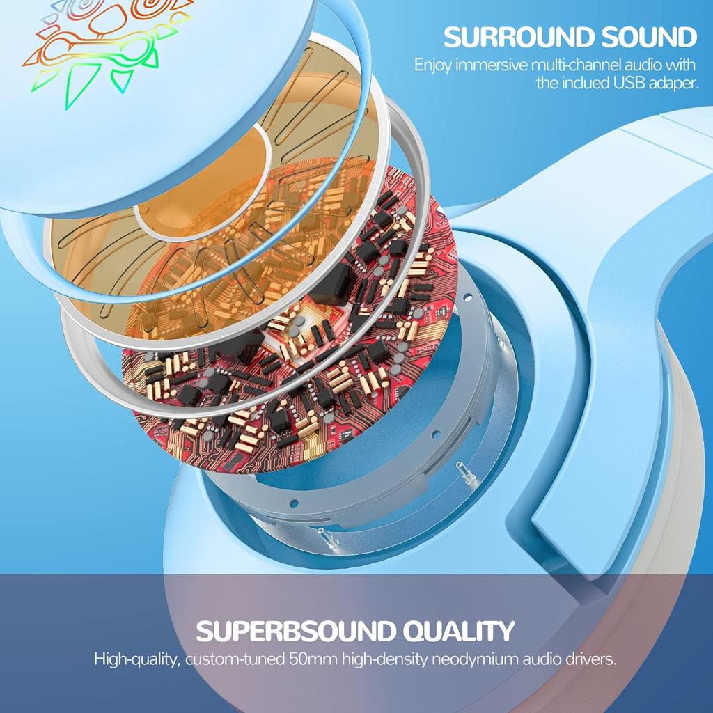 Blue Gaming Headset with Removable Cat Ears, Compatible with PC PS4 PS5 Xbox One(Adapter Not Included) Mobile Phones, with Surround Sound, RGB