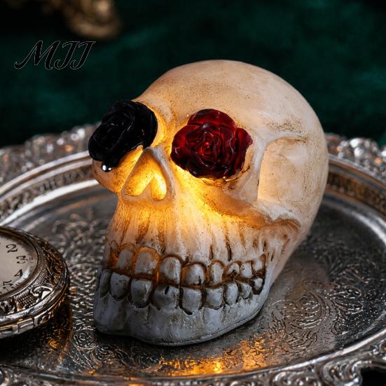 Durable Skull Light Gothic Up Rose Flower Figurine, Day of Dead Resin Cool Pattern Lamp Statue, Spooky Halloween Skeleton Head for Desk Home