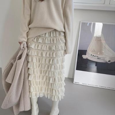 Autumn Winter Cascading Ruffles Simple Solid A-line Skirt All-match Basic Spring Outgoing Skirt Female Skirt