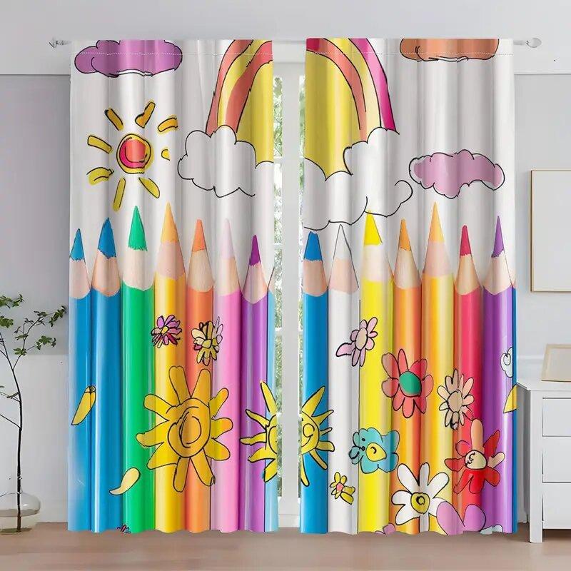 

Colorful Pencils And Sunflowers - Pole Bag Curtains, Bedroom And Kitchen Decoration, Home Decoration, Living Room Decoration 14Wx39L(35x100CM)x2&Rod Pocket