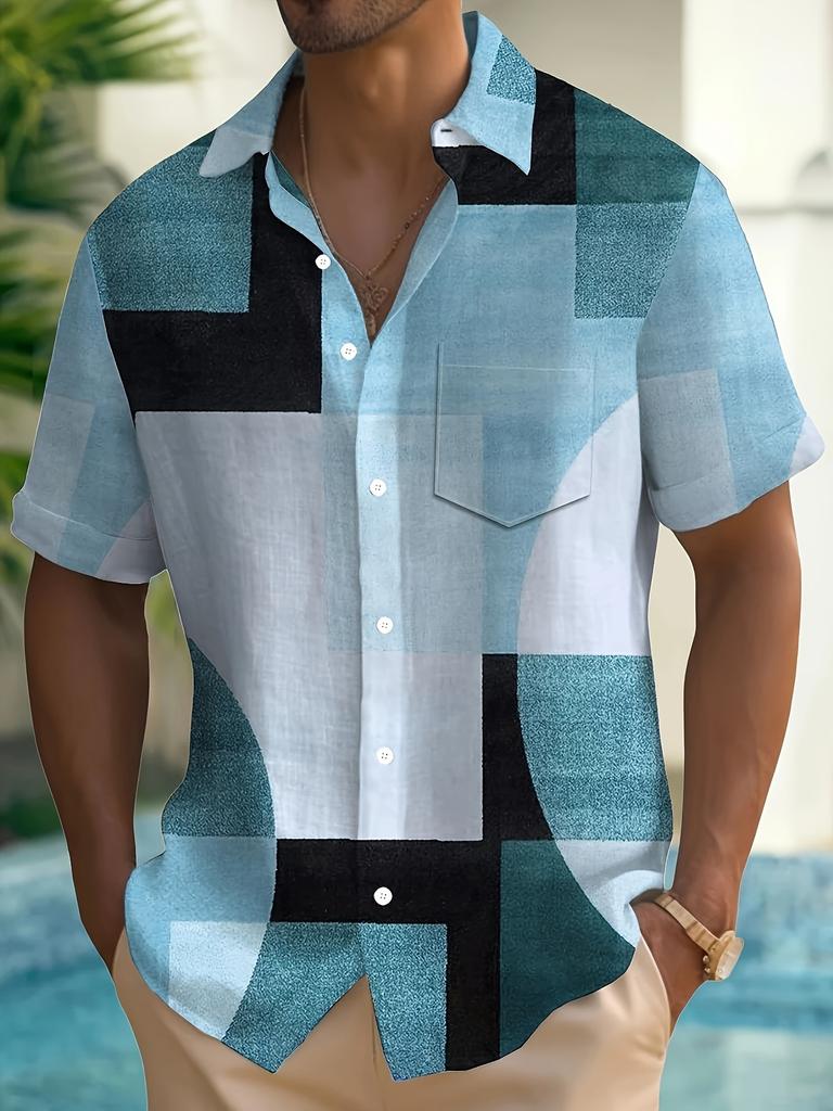 Retro Geometric Color Block 3D Printed Men's Hawaiian Shirt Summer Button Pocket Short Sleeve Casual Shirt