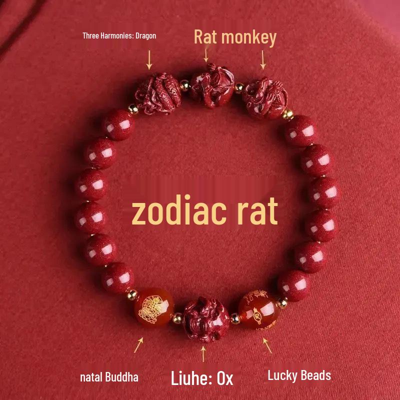 Twelve Zodiac Bracelet for Men & Women - Cinnabar Six Harmonies Beads, Lucky Charm, Perfect Benming Year Gift