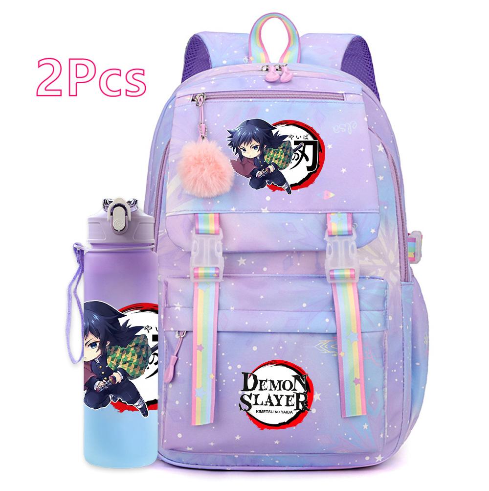 2Pcs/set Cartoon Demon Slayer Printed Backpack with 750Ml Water Bottler for Teenager Girl Boy Large Capacity Waterproof Bookbag Travel Bag Gift
