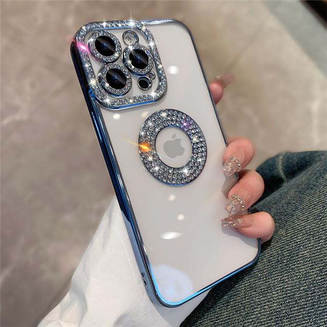For iPhone 16 Pro Max Luxury Glitter Rhinestone Plating Frame Phone Case For iPhone 11 12 13 14 15 16 Plus Diamond Lens Cover