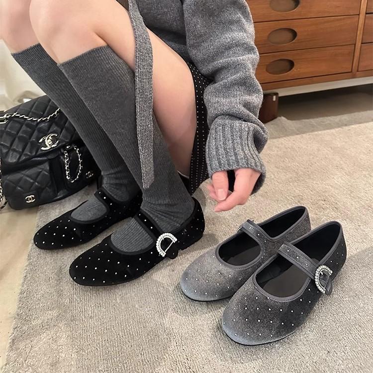 French single shoes women's 2025 spring and autumn new retro design flat ballet shoes shallow mouth rhinestone Mary Jane shoes