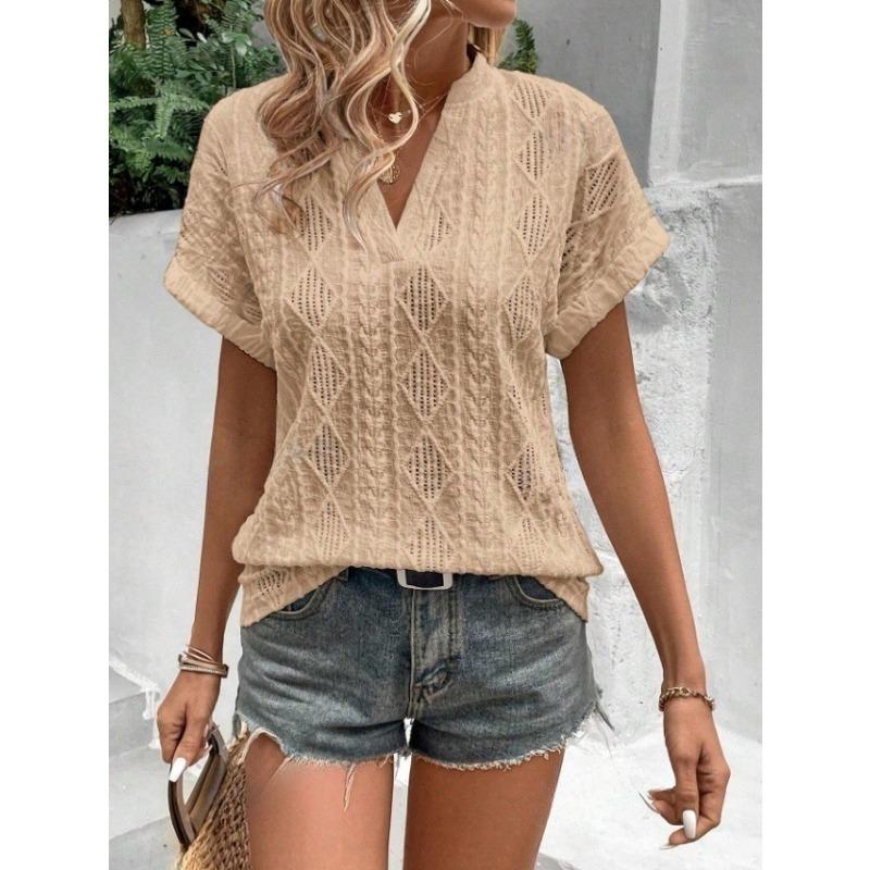 Καλοκαιρινό γυναικείο πουκάμισο Casual Hollow Jacquard V γιακά Φαρδύ κοντομάνικο