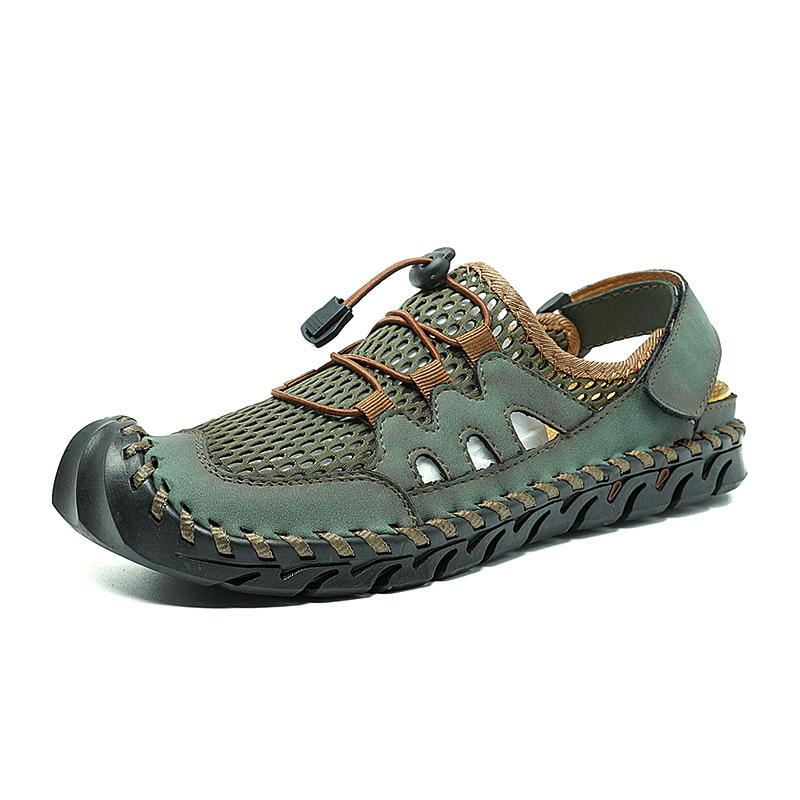 Summer new hand-sewn large-size casual cool leather shoes men's outdoor mesh hollow beach shoes
