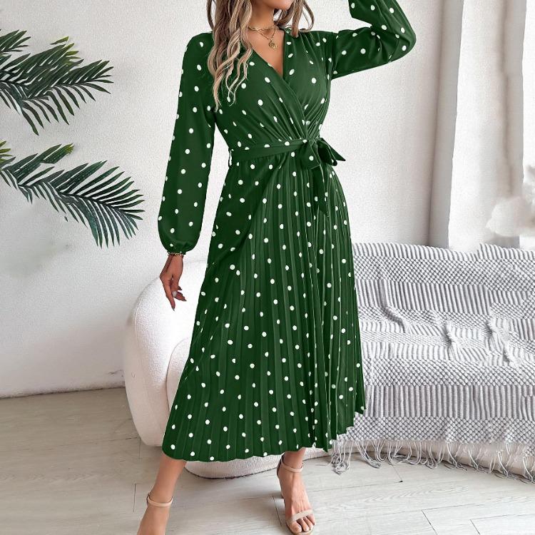 Women Long Sleeve A Line Long Dress High Waist Dot Pleated Autumn Winter Fashion