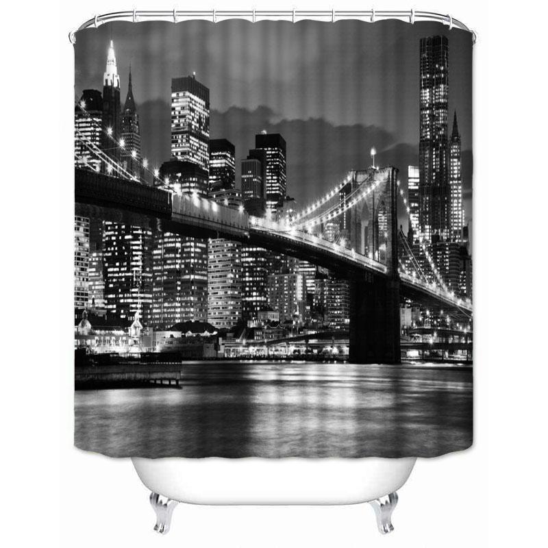 New York City Skyline Building Night View Shower Curtain Modern Bathroom Curtain Polyester Fabric Bath Curtain With Hooks