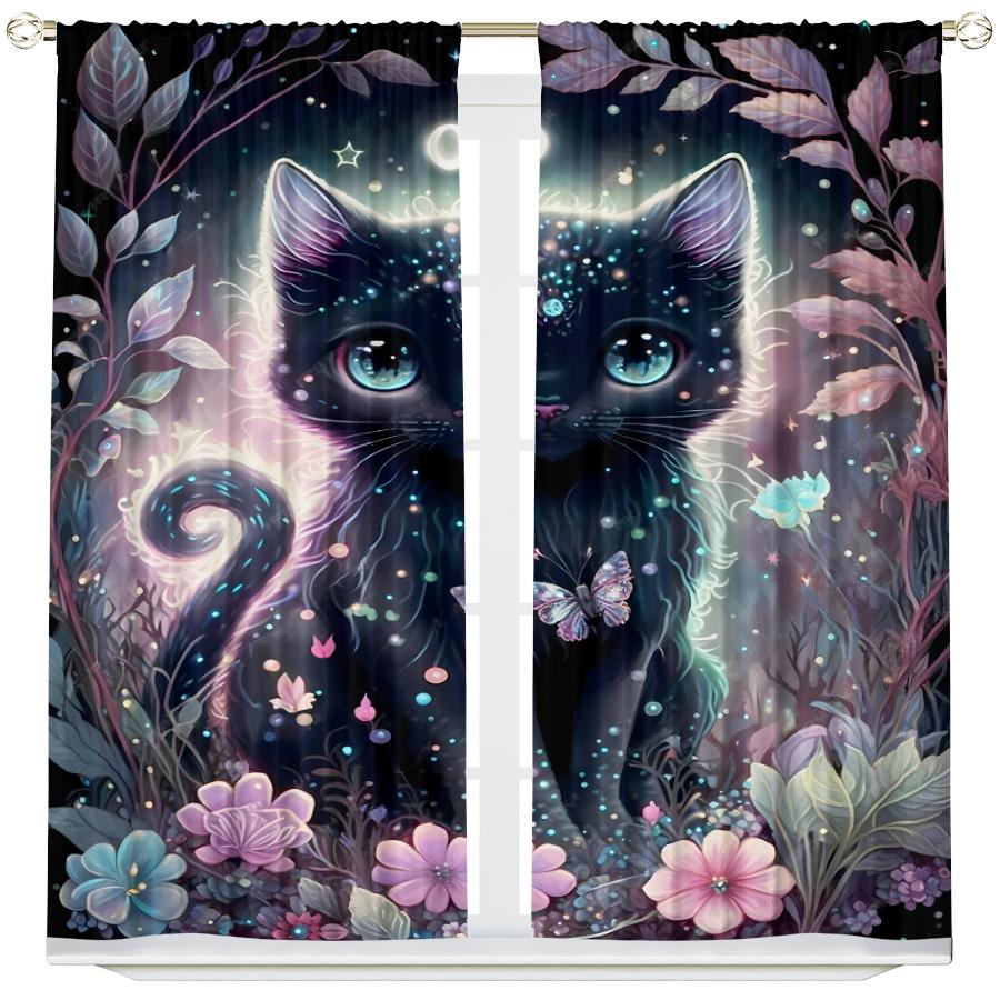 Baifenbai Home Furnishing Black/Pink 2Pcs- And Cat Polyester Curtains, Pole Bag Curtains 42*84, Bedroom, Living Room, Home Room Decoration