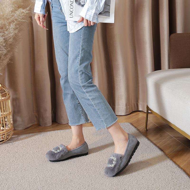 T23 autumn and winter low-top Doudou shoes real rabbit fur plush shoes shallow flat shoes cotton shoes women's large size