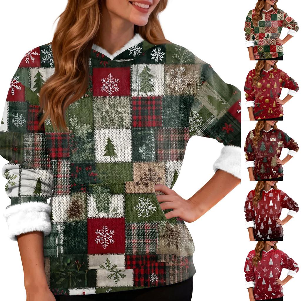Women's Fashion Casual Long Sleeve Christmas Printed Hooded Sweatshirt