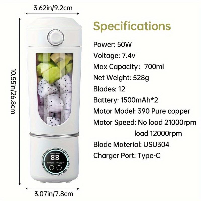 Portable USB Rechargeable Blender with LED Display - Compact 18.6 Oz Citrus Juicer, 700ml Capacity, Ideal for Smoothies and Shakes, Dual Lid Design