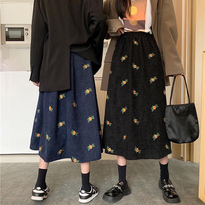 Corduroy A-line Midi Skirt - High Waist, Floral Spring/Autumn Style for Women