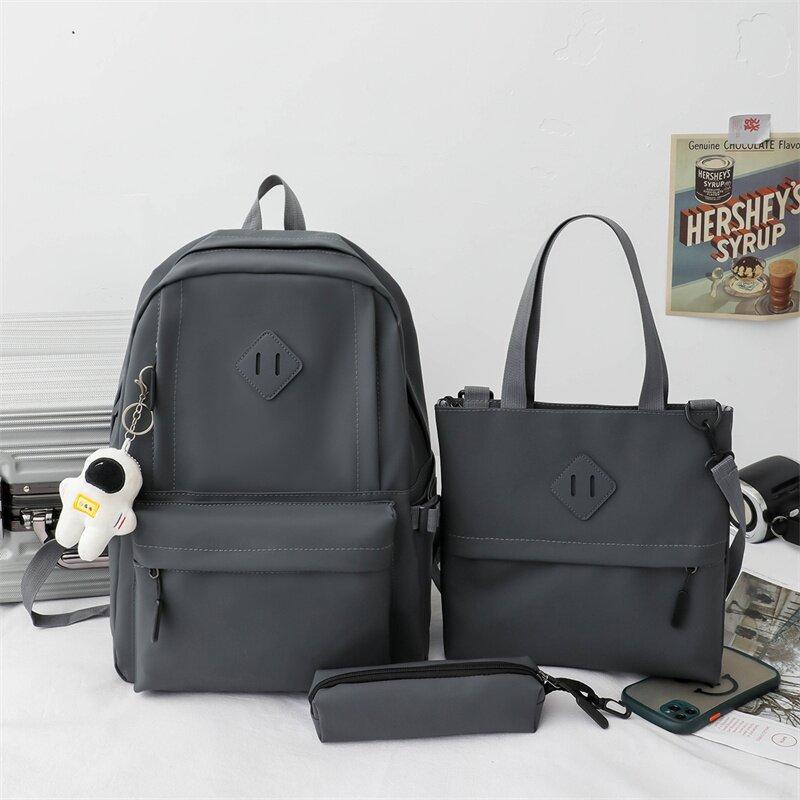 Unisex Advanced PU Schoolbags for College Students High School Elegant Black 3 Pcs Set Backpack with Study Bag Pencil Box