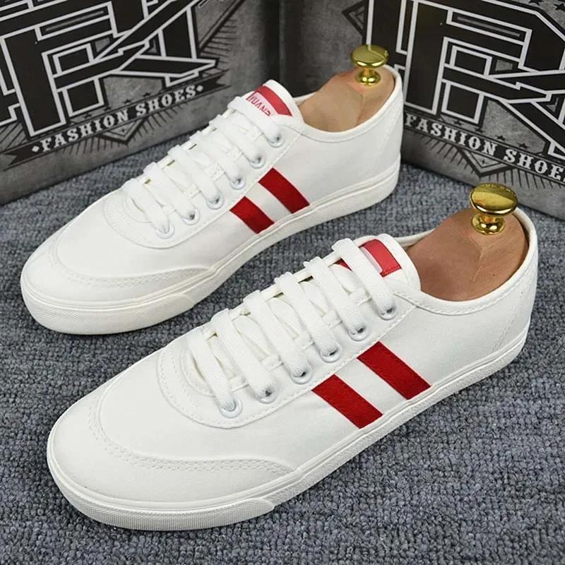 Buty wiosenne dla mężczyzn Płócienne buty codzienne Pasiasty Oddychające Płaskie buty do skateboardingu Uliczne młodzieżowe Sznurowane trampki