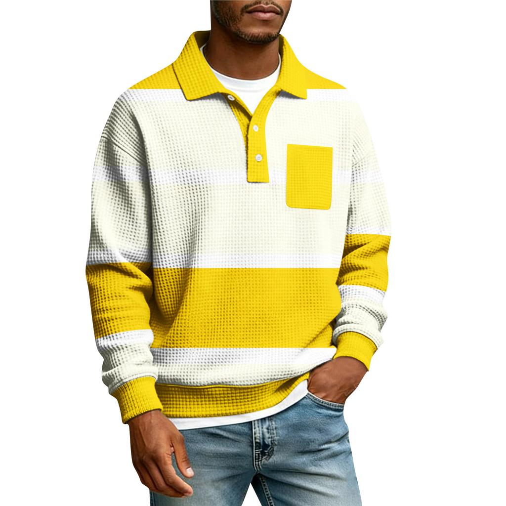 Men's Striped Single Breasted Long Sleeved Shirt With Collar And Pockets  Casual Sports T-shirt