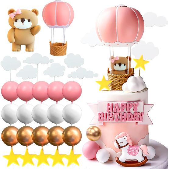 JeVenis Pink Bear Cake Decoration Bear Cake Topper Hot Air Balloons Cake Decoration Birthday Cake Decoration