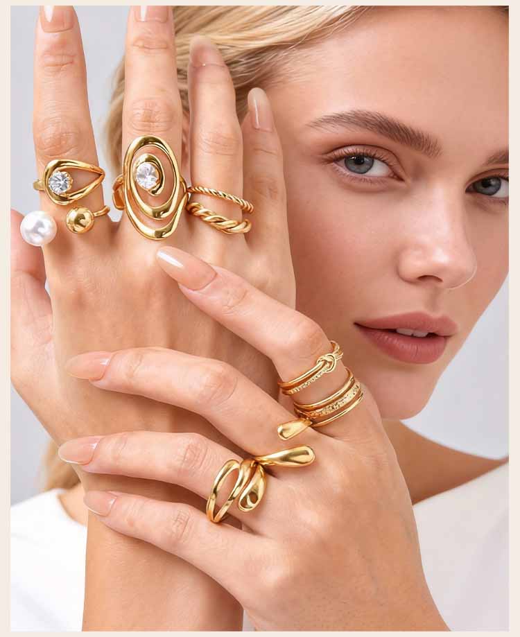 Fashion Stainless Steel Open Ring Minimalist for Women, Unique Adjustable Geometric Stacking Ring Gold Plated Waterproof Jewelry