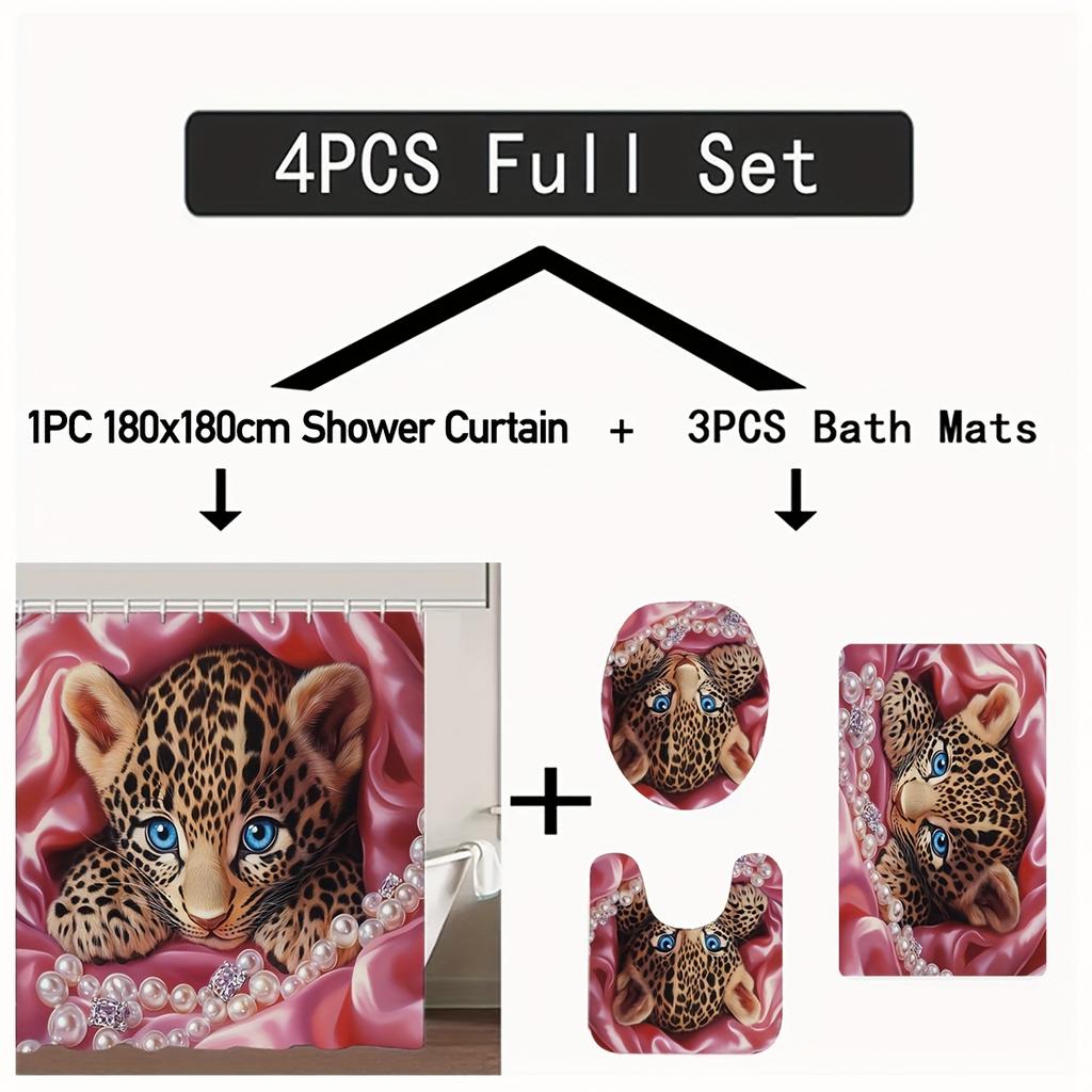 4Pcs An Exotic Leopard Shower Curtain Set with Non-Slip Bath Mat, Toilet Lid Cover, Contour Rug & 12 Hooks, Bathroom Decor
