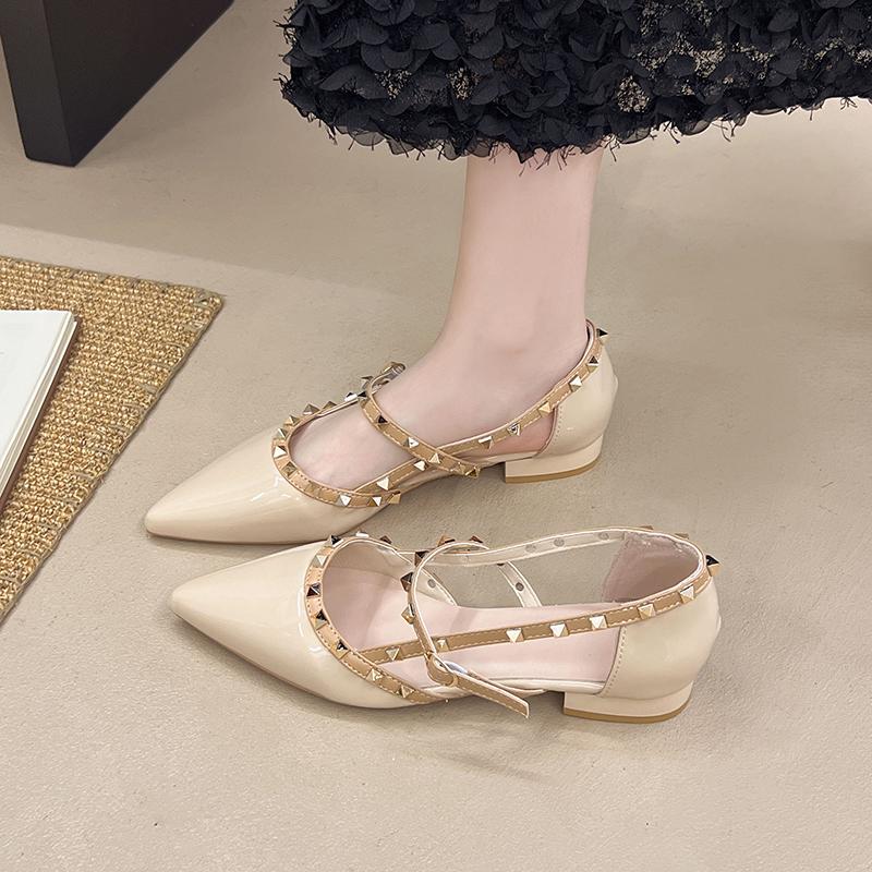 Fashion Studded One Strap Non-slip Block Heel Sandals Women's Autumn New Pointed Toe Shallow Mouth Mid-heel Shoes