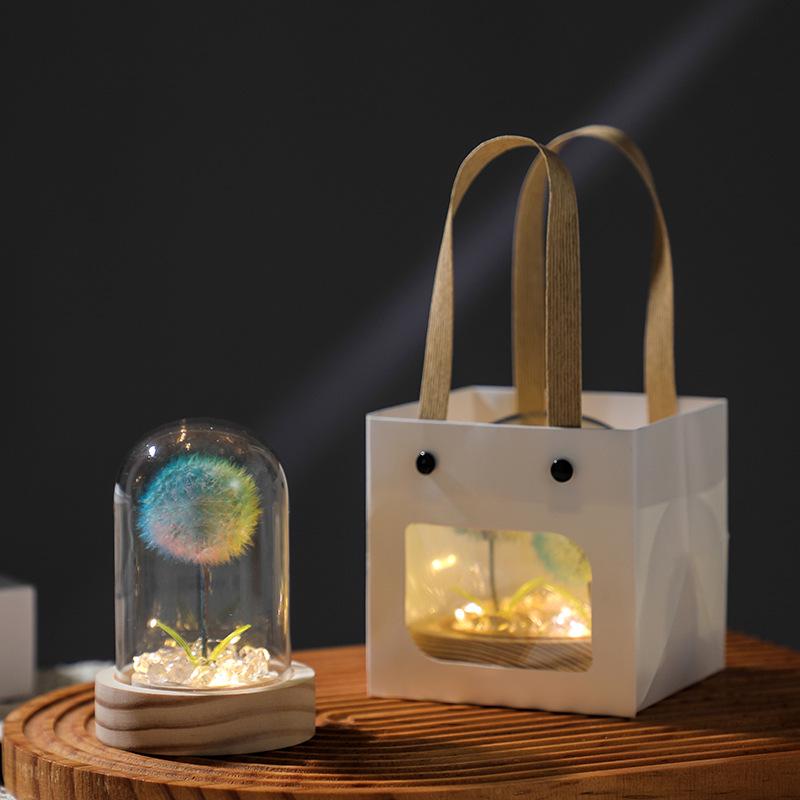 Luminous Dandelion Preserved Flower Bouquet Night Light in Glass Dome - Birthday Gift for Girls or Girlfriend