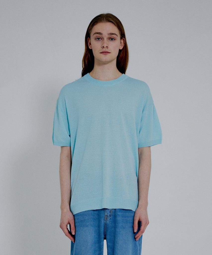 KNITTED Cool Summer Essential Round Short Sleeve Knit Tee Sky Blue