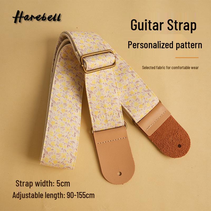 Forest Floral Folk Guitar Strap - Light Gray & Yellow Flowers, Cotton, PO-053. 90-155cm