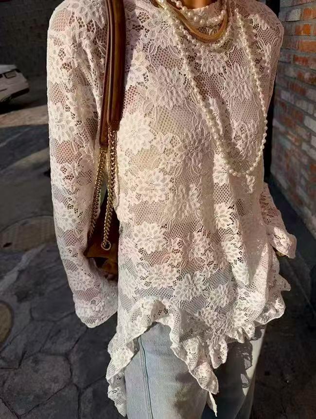 2025 Winter Exquisite Jacquard Lace Long Sleeve Irregular Hem Women's Shirt