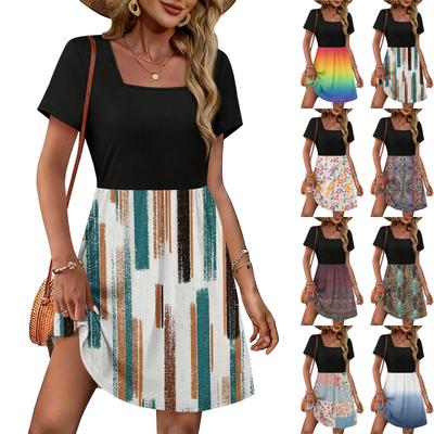 Modisches lässiges Sommerkleid für Damen mit quadratischem Ausschnitt und Retro-Print