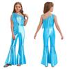 Kids Sparkly Jumpsuit Off-shoulder Sleeveless Sequin Tassels Flared for Pageant Show